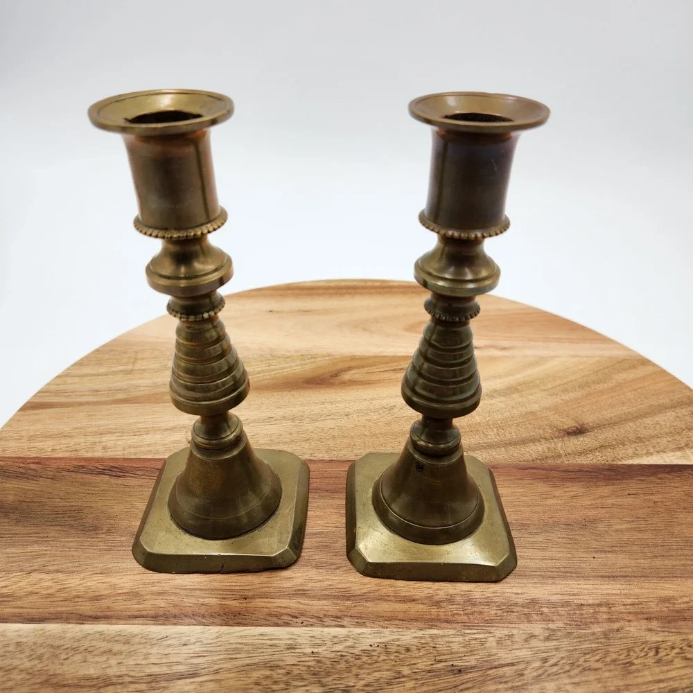VTG Solid Brass Beehive Candlestick Holders Pair Square Base 6.75